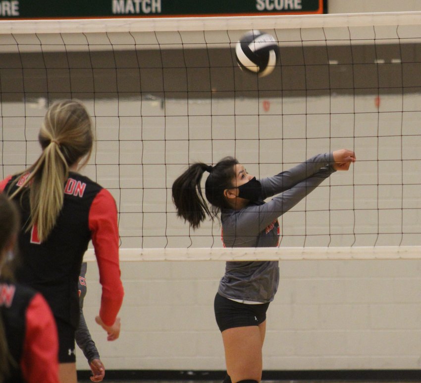 Lesly Tevillo of the Eagles volleys one over the net against Brighton April 15.